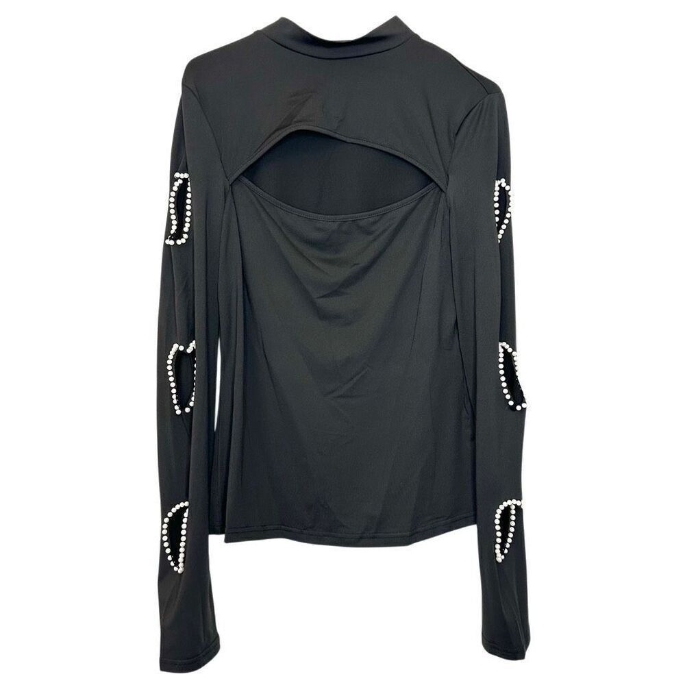 Chic Me Cutout Beaded Long Sleeve Stretch High Neck Black Blouse Top Size XL